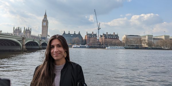 Audrey in front of the Thames and Big Ben
