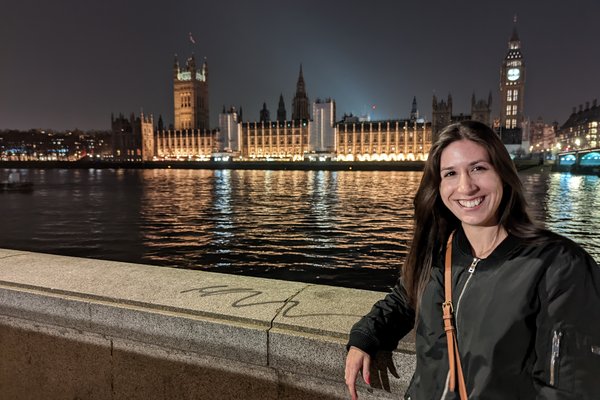 Audrey on the Thames in front of Victoria Tower and Big Ben